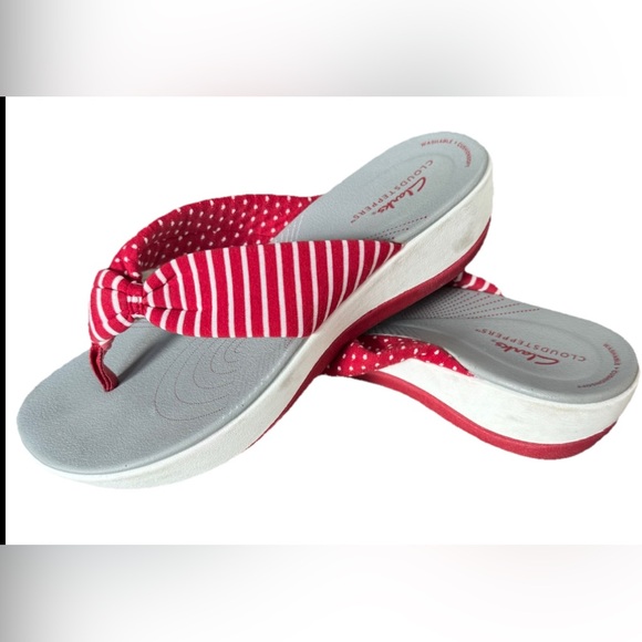 Clarks Cloudsteppers Red & White Striped Wedge Flip Flops | Size 8 - Picture 2 of 8